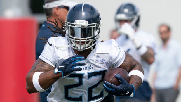 Tennessee Titans running back Derrick Henry (22) races up the field during practice at Saint Thomas Sports Park Tuesday, June 14, 2022, in Nashville, Tenn.
